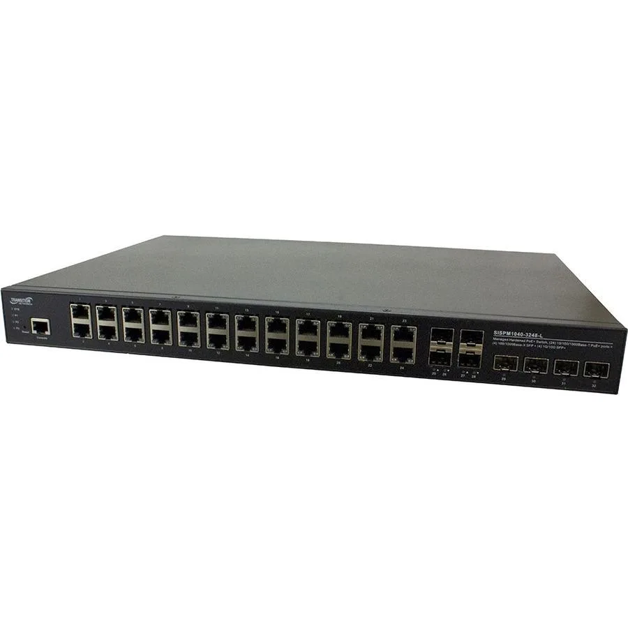 Transition Networks Transition Networks SISPM10403248L 24-port 10/100/1000Base PoE+ network switch — product photo
