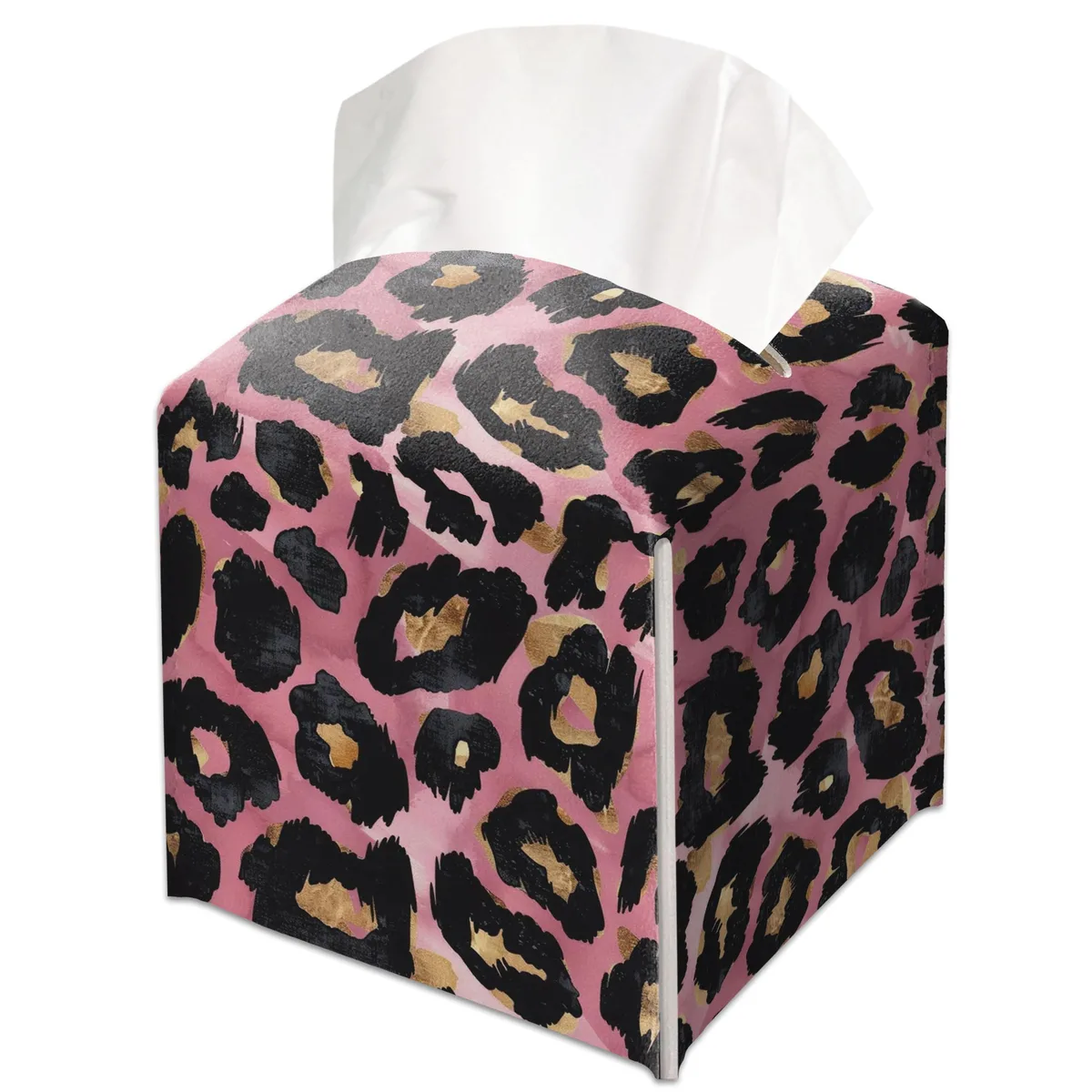Pink leopard-print leather tissue box cover, 5.2 inch cube with Velcro closure