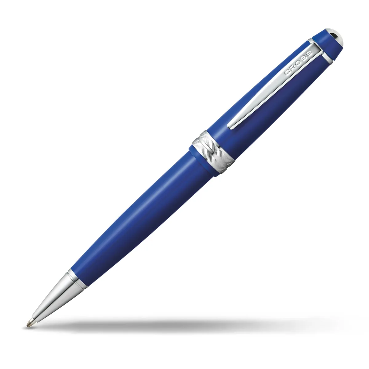 Polished blue resin ballpoint pen, slim metal trim, gift box included
