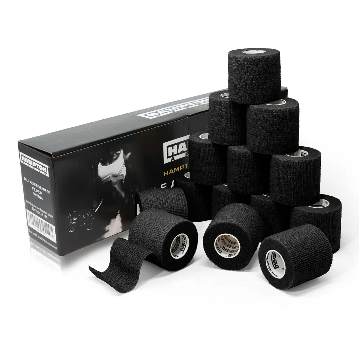 Fourteen individually wrapped black cohesive bandage rolls, 15 ft each, latex-free elastic material