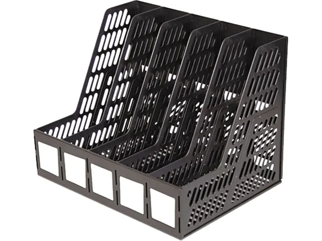 Black plastic desk organiser with five open-top compartments and front label areas