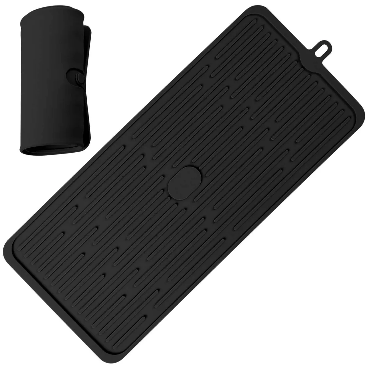 Black rectangular silicone mat with raised grid pattern and hanging hole