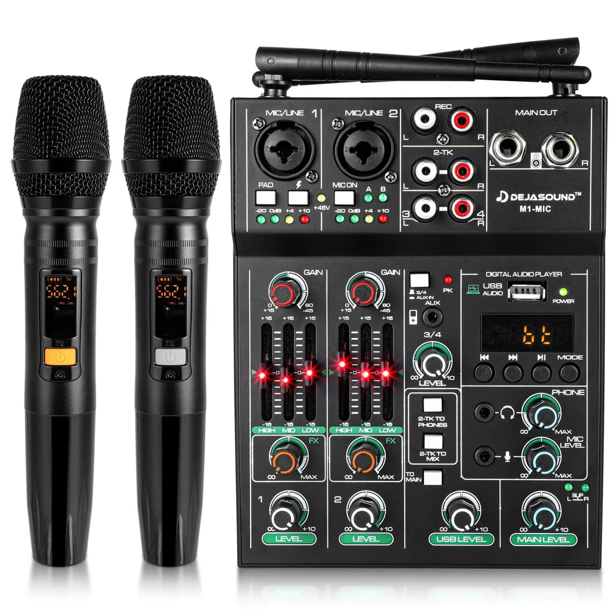  Dejasound 5-Channel Audio Mixer with 2 Wireless Mics, Bluetooth 3.0, USB, 48V Phantom Power — product photo
