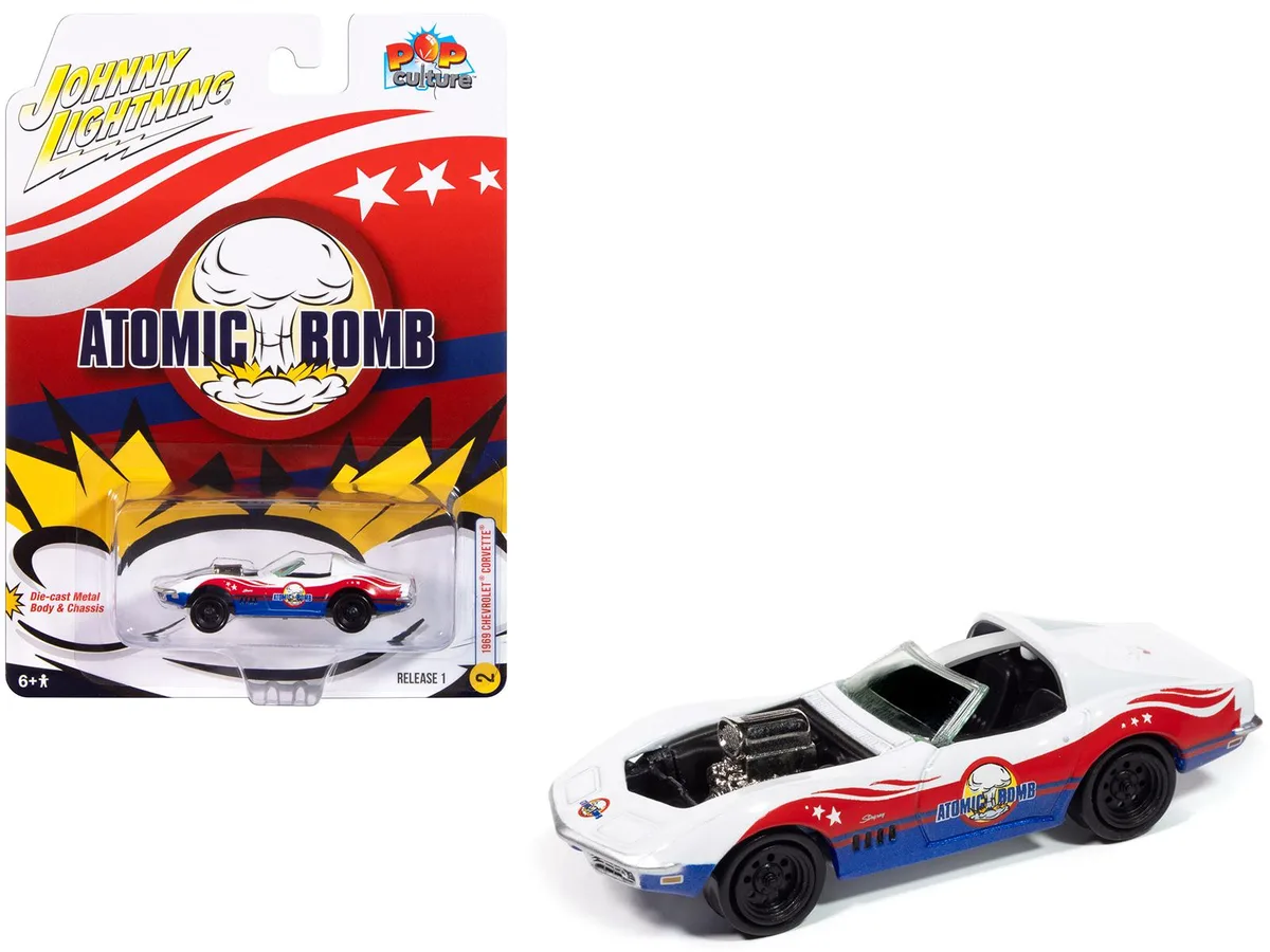 JOHNNY LIGHTNING JOHNNY LIGHTNING 1969 Chevrolet Corvette "Atomic Bomb" White Red Blue 1/64 hobby collectible — product photo