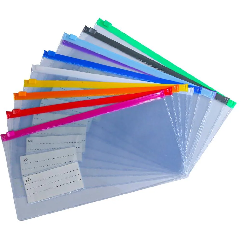 Ten clear PVC zipper envelopes in assorted colours, each 9 by 4.7 inches with a label pocket
