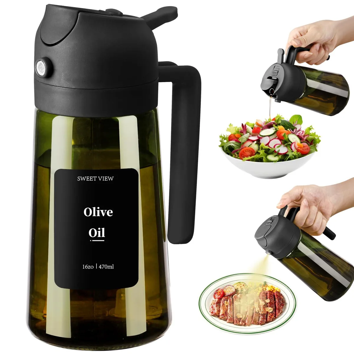 Olive green glass oil sprayer bottle with black pump head and 10 label stickers