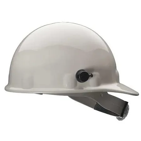 White thermoplastic hard hat with front brim and eight-point ratchet suspension