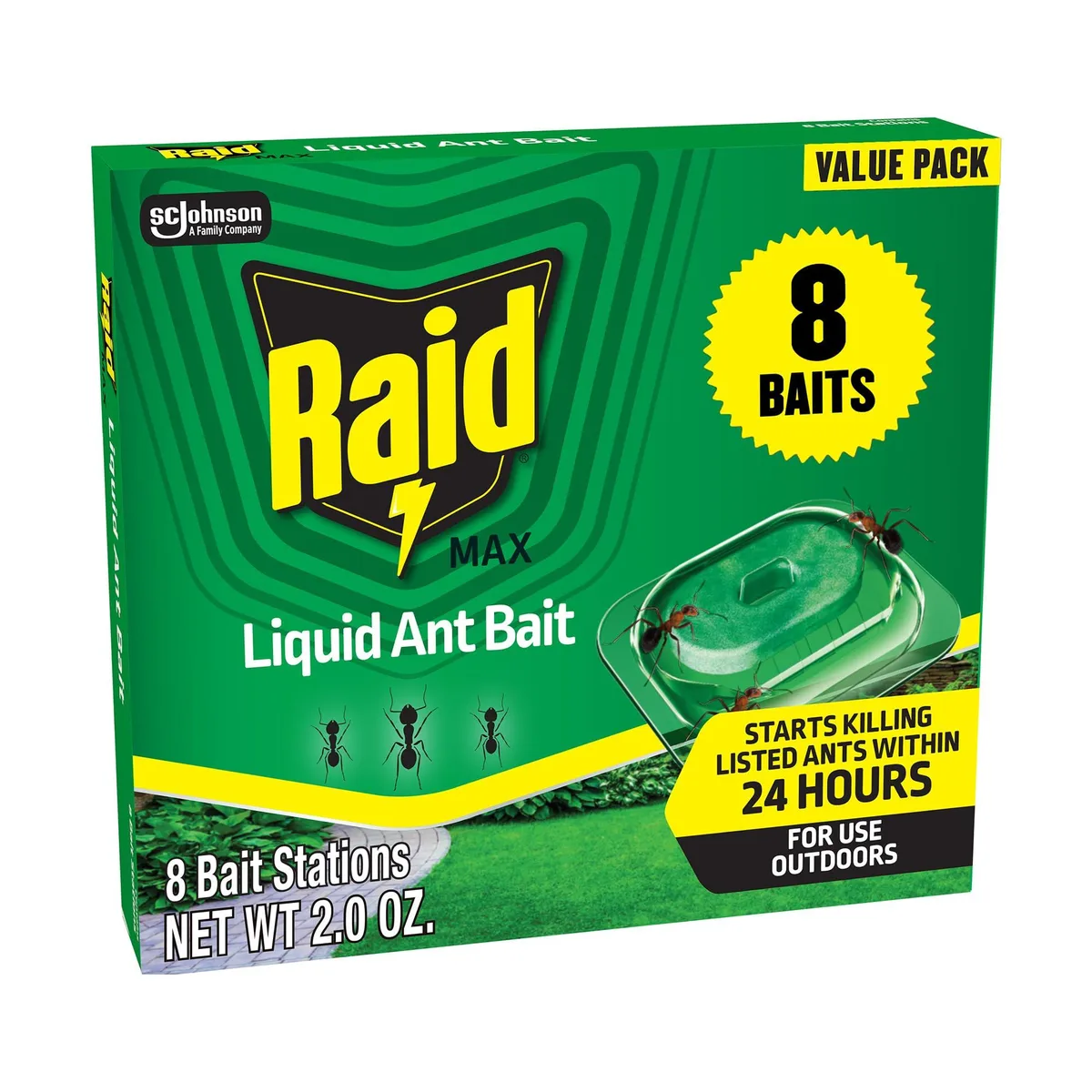 Eight white rectangular outdoor ant bait stations in a row