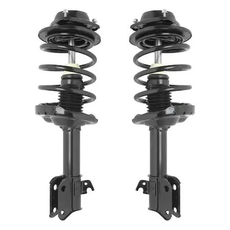 A pair of silver front strut assemblies with coil springs and top mounts, ready to install