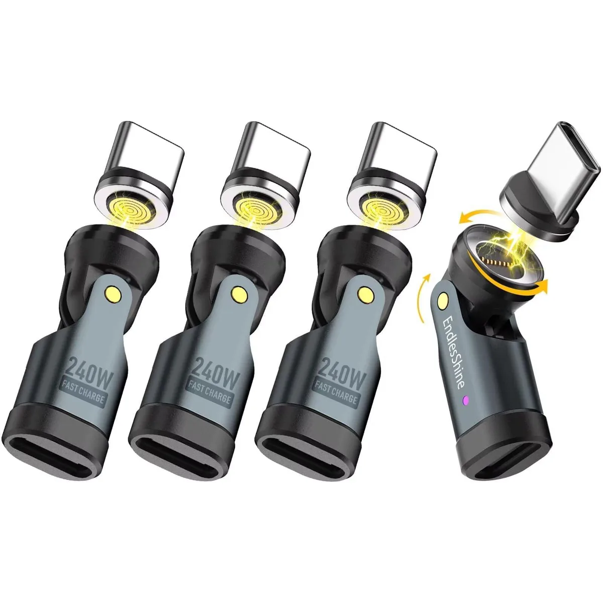 Two black magnetic USB-C adapters with rotating tips and LED indicator