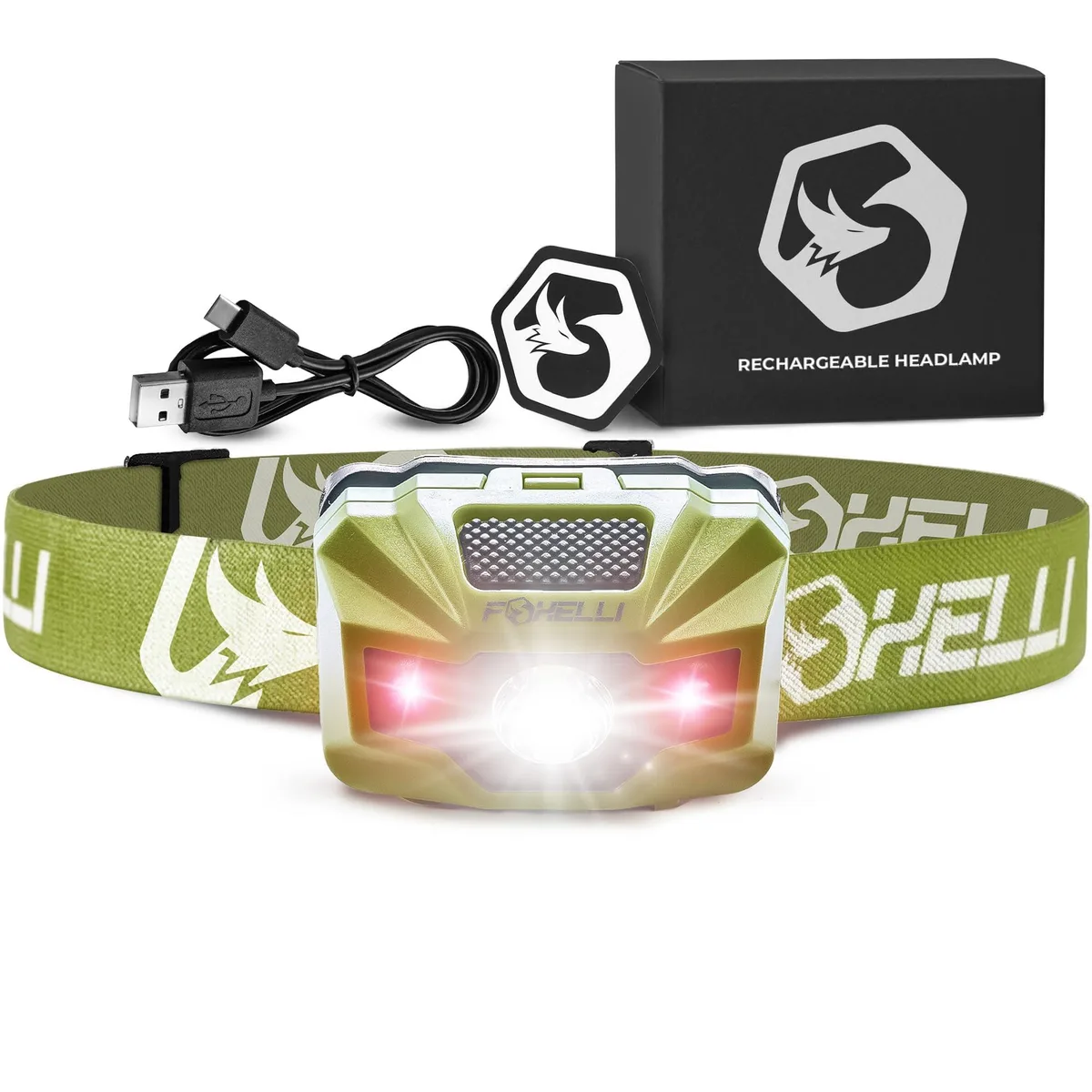 Compact rectangular headlamp unit with matte plastic housing, integrated USB-C port, and adjustable elastic headband visible underneath