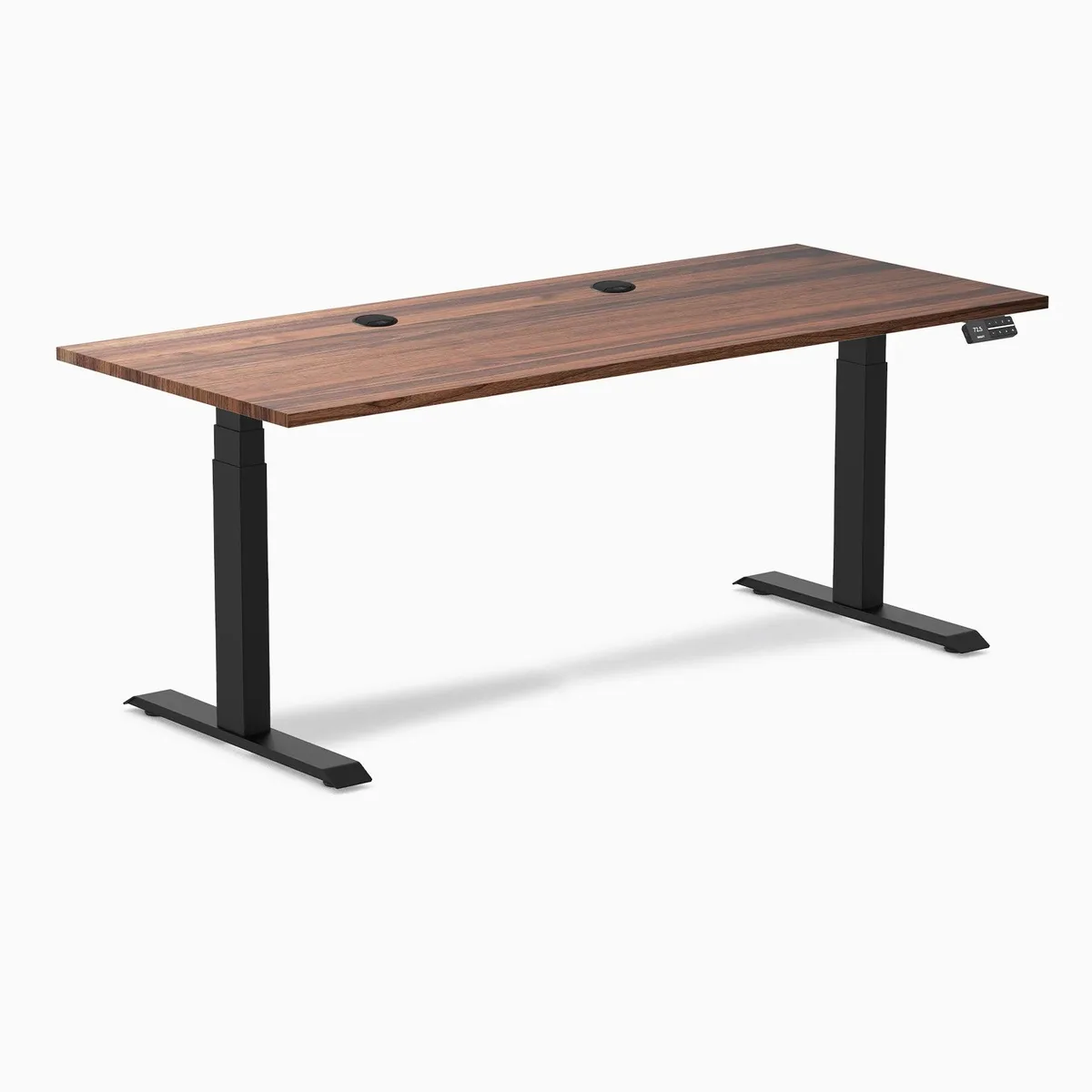 Desky Desky Dual Hardwood Sit Stand Desk Walnut 72 x 30 inches Grommets Matte Black 140 kg — product photo