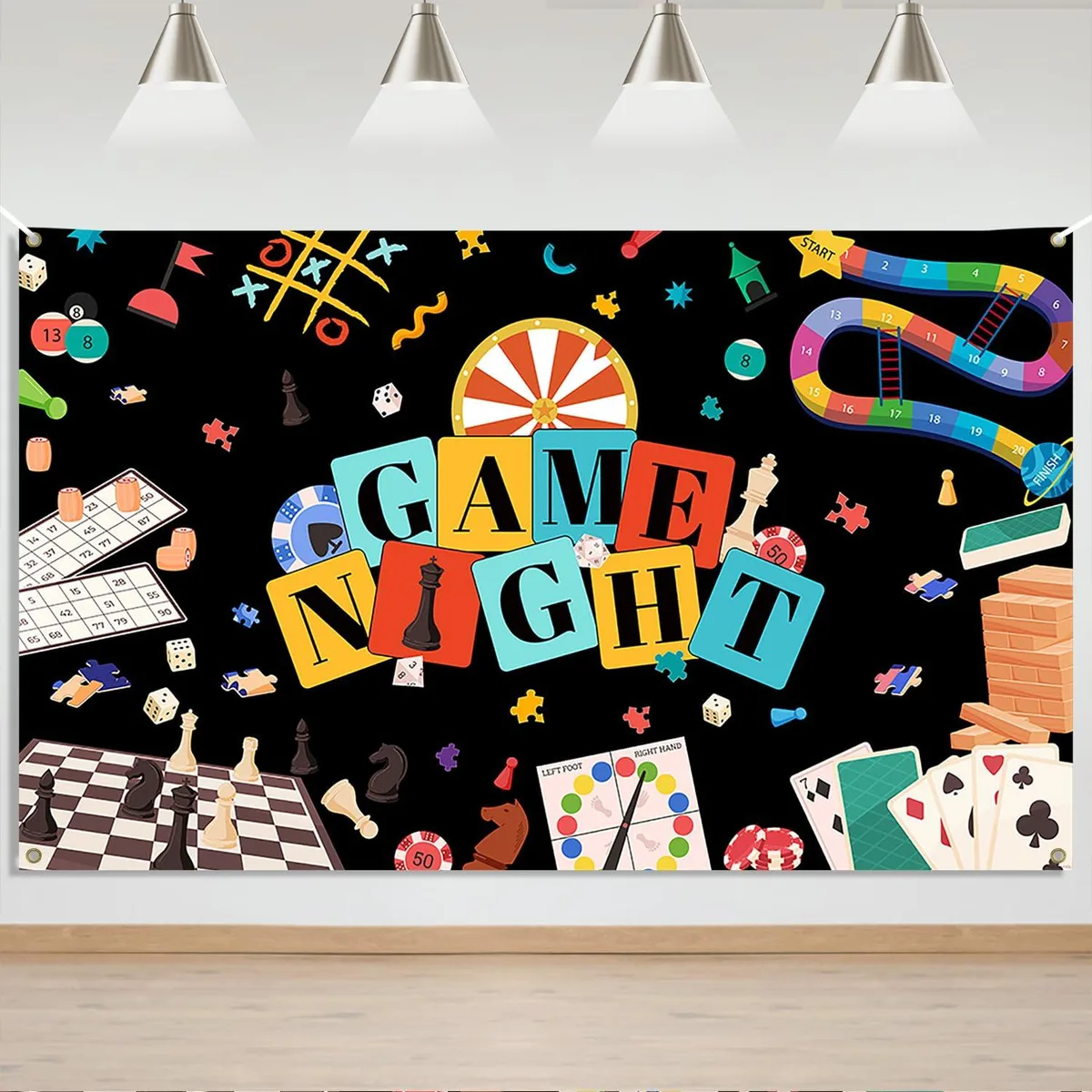 Black framed polyester banner 40-49in wide by 50-59in high with Game Night graphics