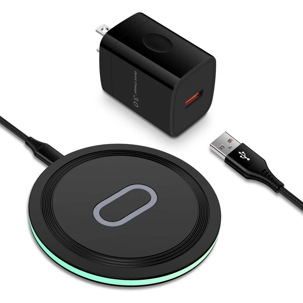 Flat circular charging pad with USB-C port and included wall adapter