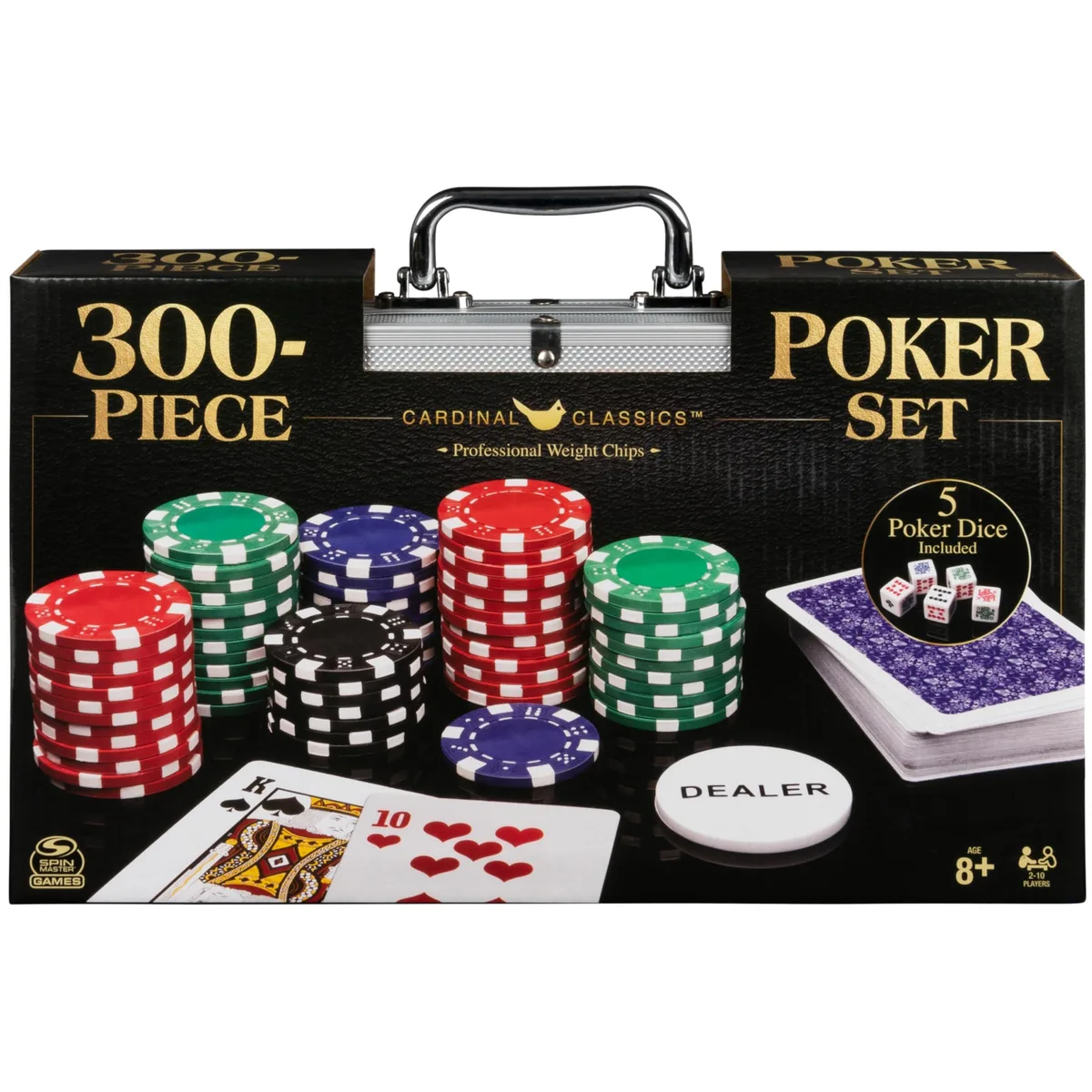 Silver aluminium carrying case holding 300 poker chips, cards, dice and buttons