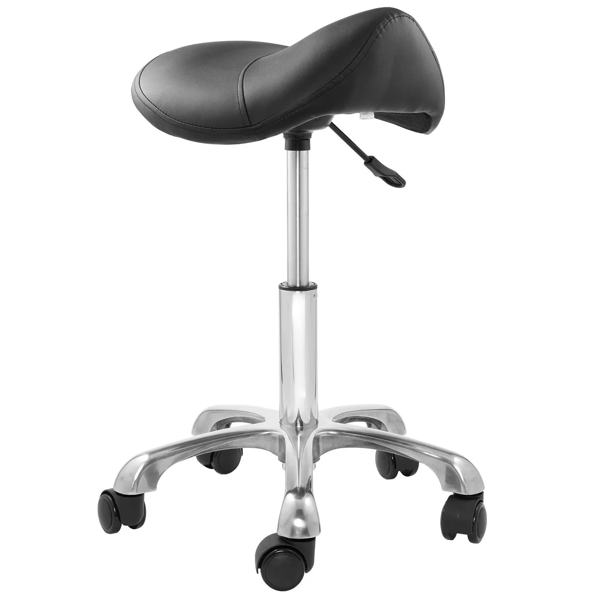Black saddle stool with curved seat, five casters, chrome hydraulic cylinder and metal base