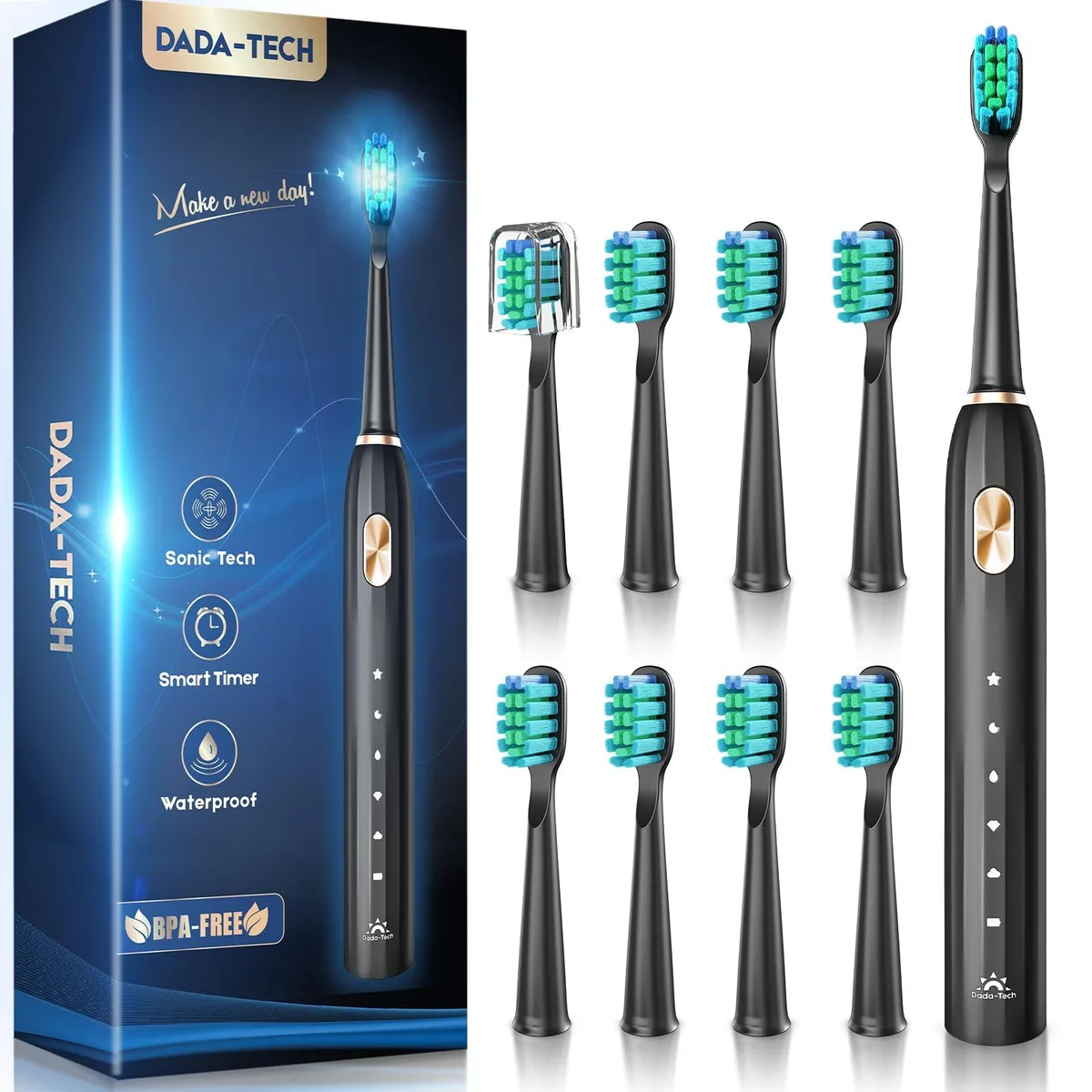 White sonic toothbrush handle with black accents and multiple brush heads visible