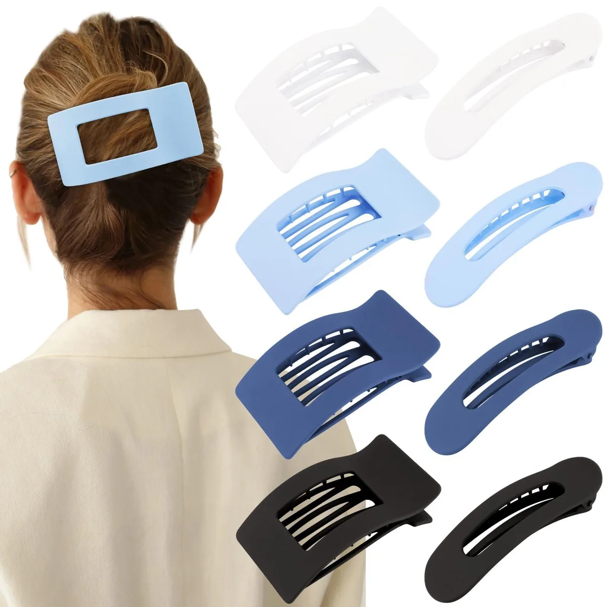 Eight flat hair clips in two styles, matte finish, blue