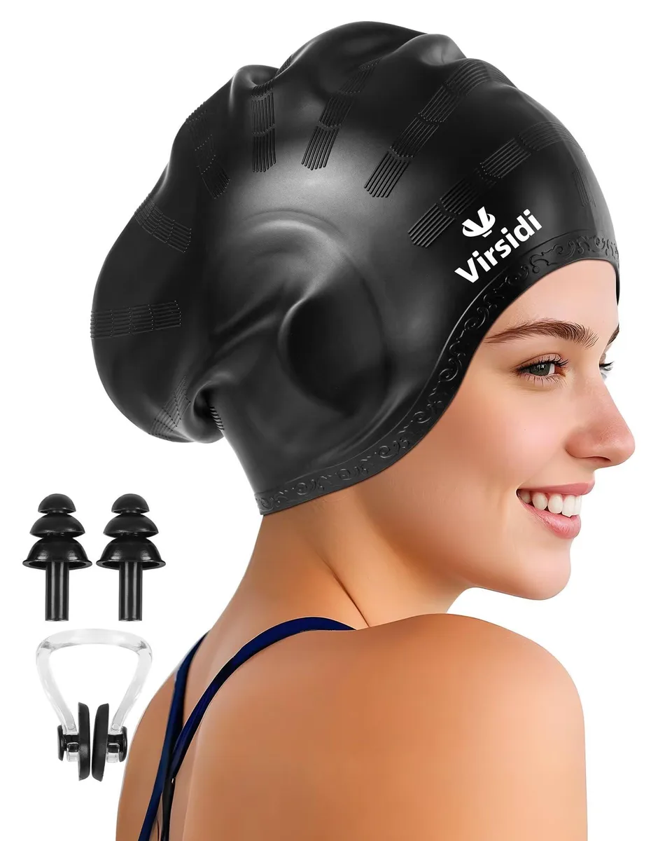  VIRSIDI Silicone Swim Cap One Size Black 3D Ear Protection Long Hair Ear Plugs Nose Clip — product photo
