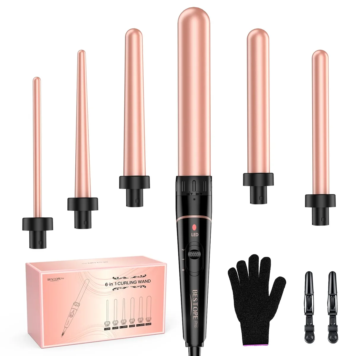 Rose gold 6-in-1 curling iron set with interchangeable ceramic barrels and heat-resistant glove