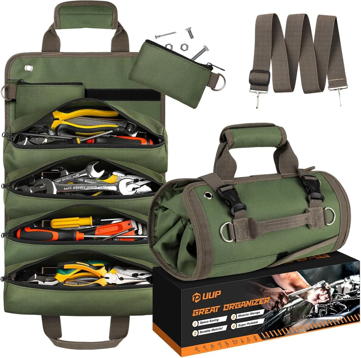 Army green roll-up tool bag with 45-inch strap
