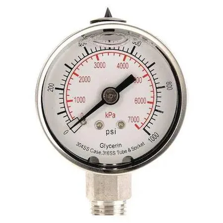Silver 2 inch liquid filled pressure gauge with stainless steel case and white dial