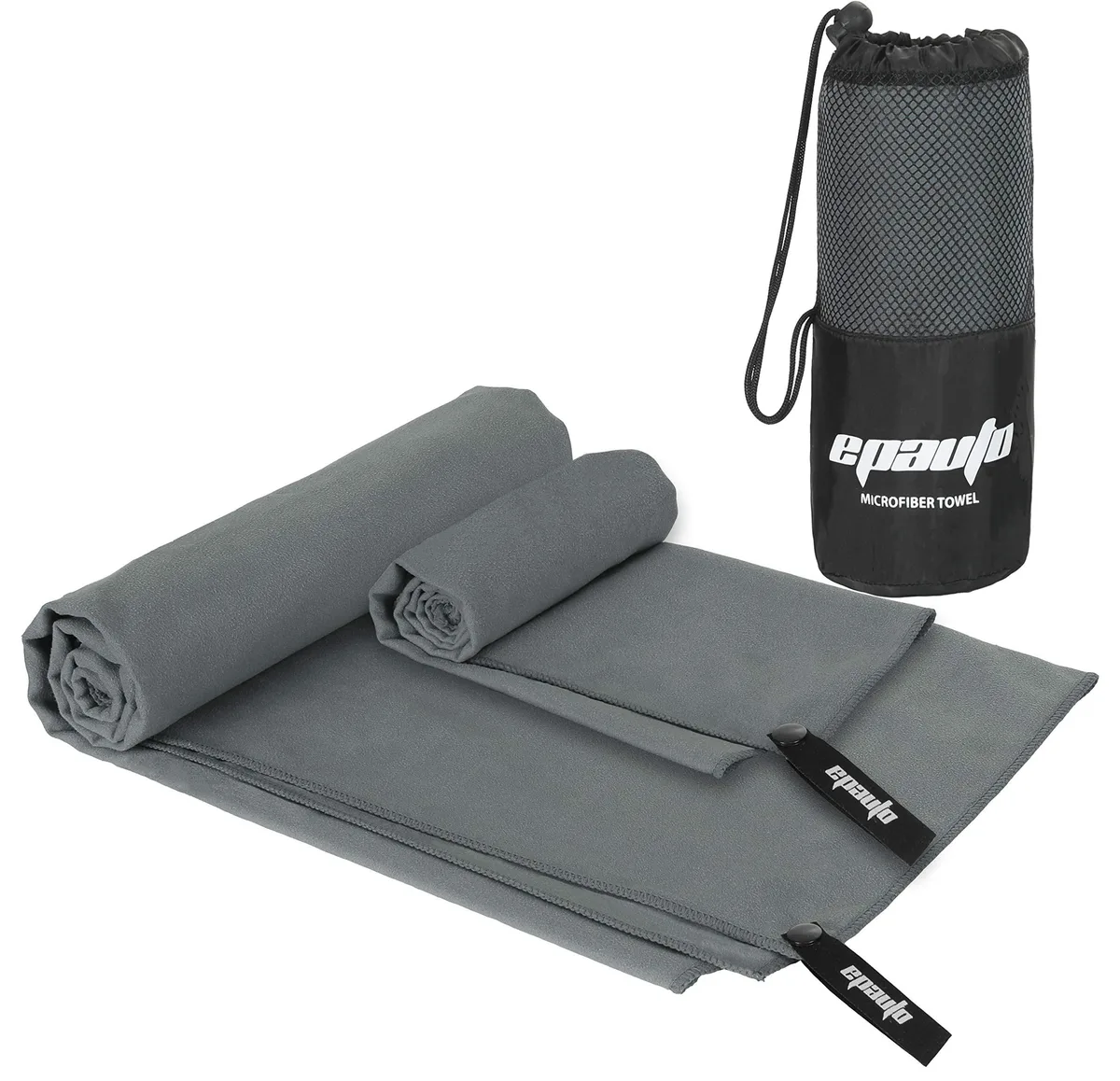Two grey microfiber towels, 60x30 and 24x15 inches, folded with mesh carry bag