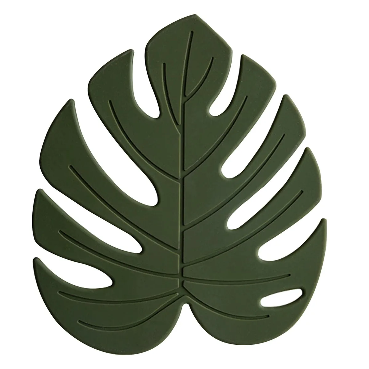 Two large green silicone Monstera leaf trivets, flexible matte finish