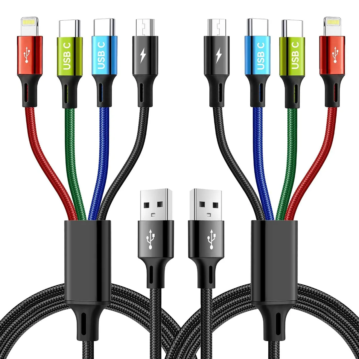 Miimall Miimall 4-in-1 Multi Charging Cable Dual USB-C Lightning Micro USB Braided 4ft 2-Pack 480Mbps data sync — product photo