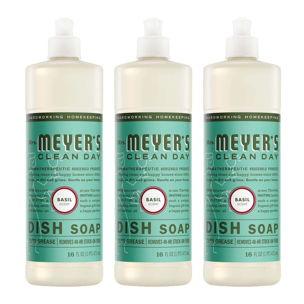 Three white 16 fl oz bottles of basil-scented liquid dish soap