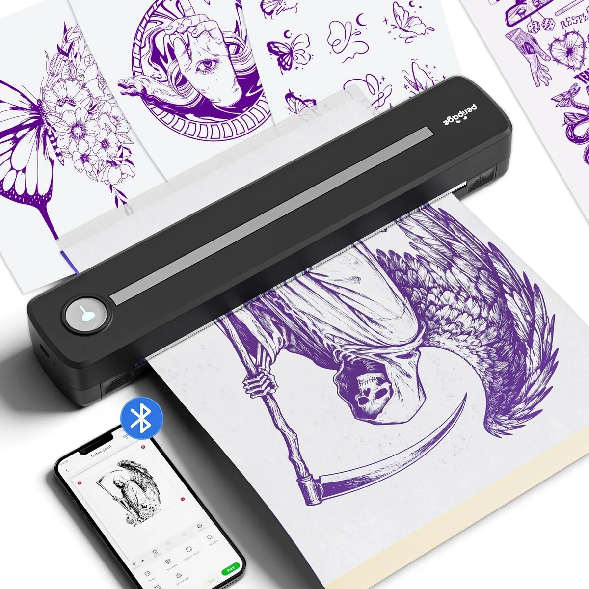 Compact PeriPage P91 thermal stencil printer with carrying bag and paper sheets
