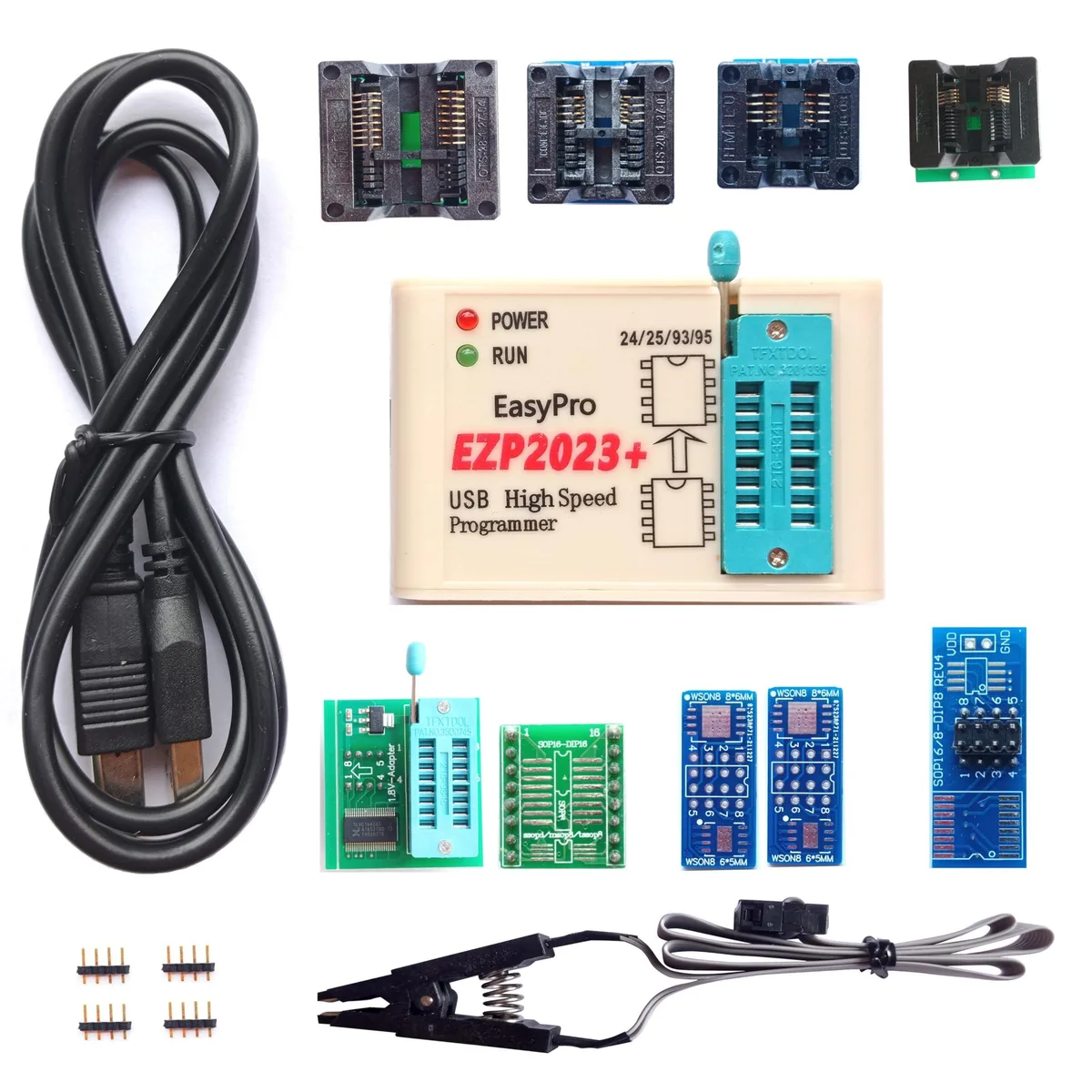Small rectangular USB programmer with clip and adapter cables