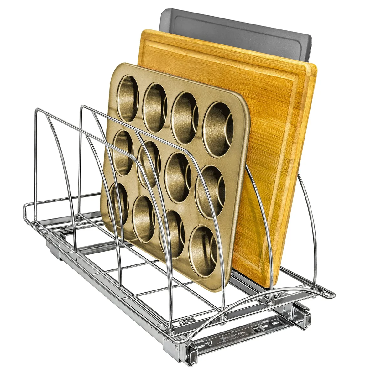 Chrome pull-out bakeware organizer with vertical dividers, 10 by 21 inches
