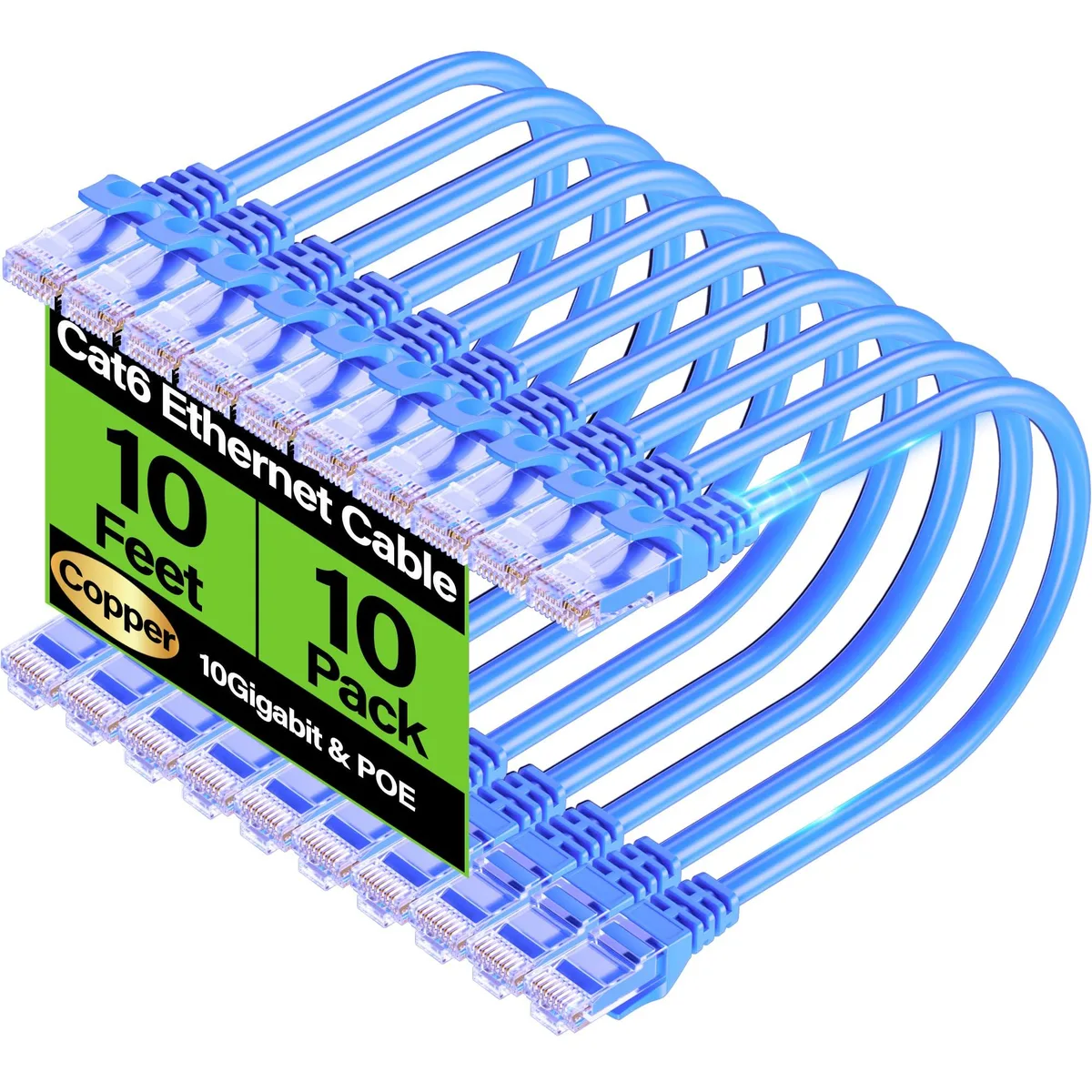  TuokaJu Cat6 10 Gbps 10 ft 10-pack UTP network ethernet cable Blue 26 AWG — product photo