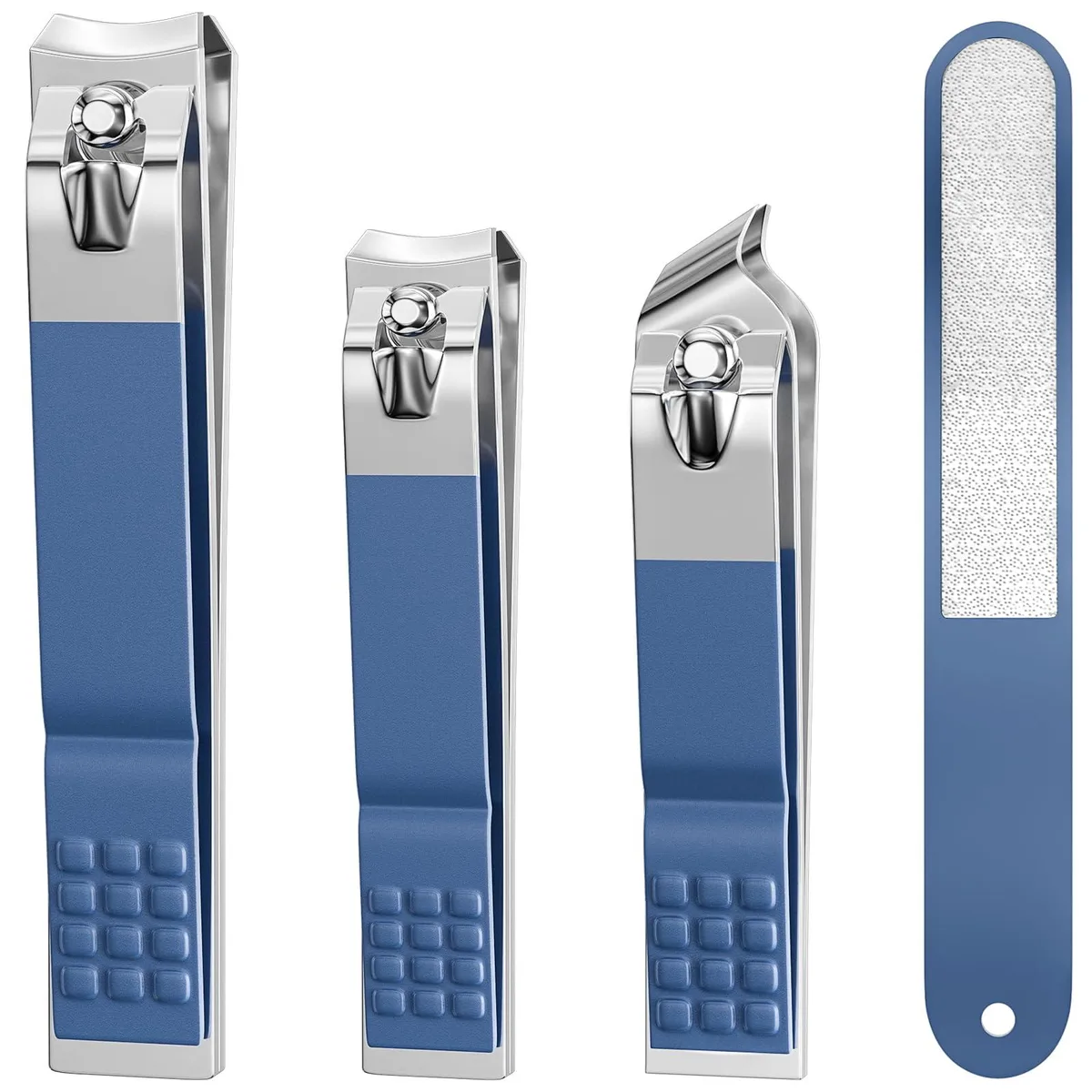 Blue four-piece nail clipper set with curved, straight and angled stainless steel trimmers plus a nail file