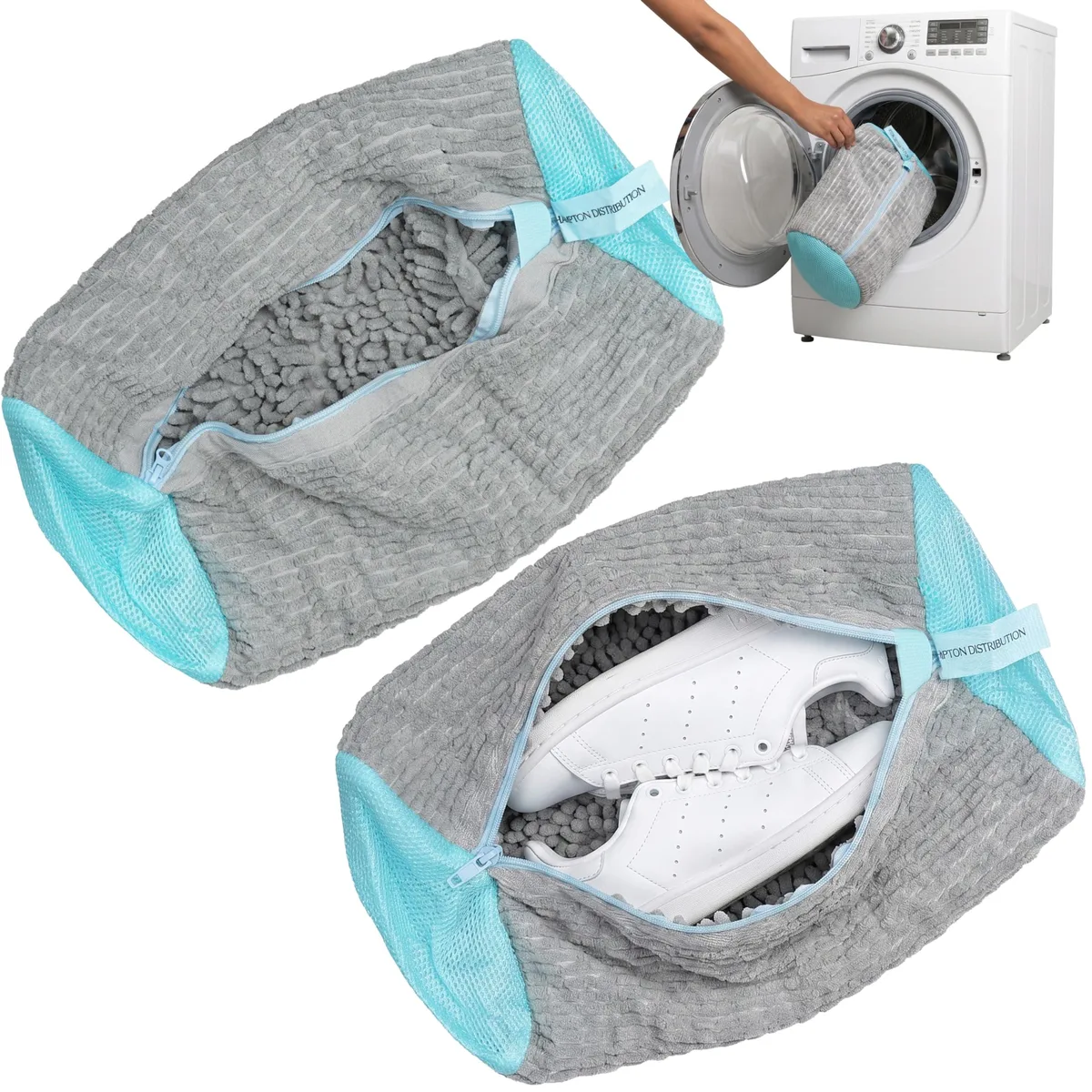 Two gray rectangular mesh bags with zippers, each about 15 by 7 inches, lying flat