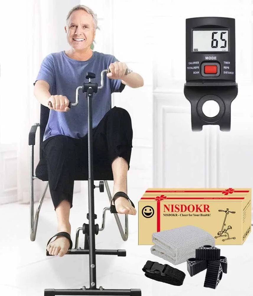 Compact silver pedal exerciser with rubber pedals and anti-slip feet, LCD monitor on front