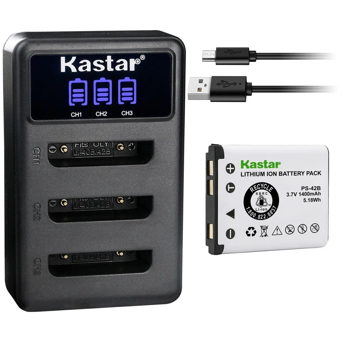 Kastar Kastar LI-42B battery and LCD triple USB charger — product photo