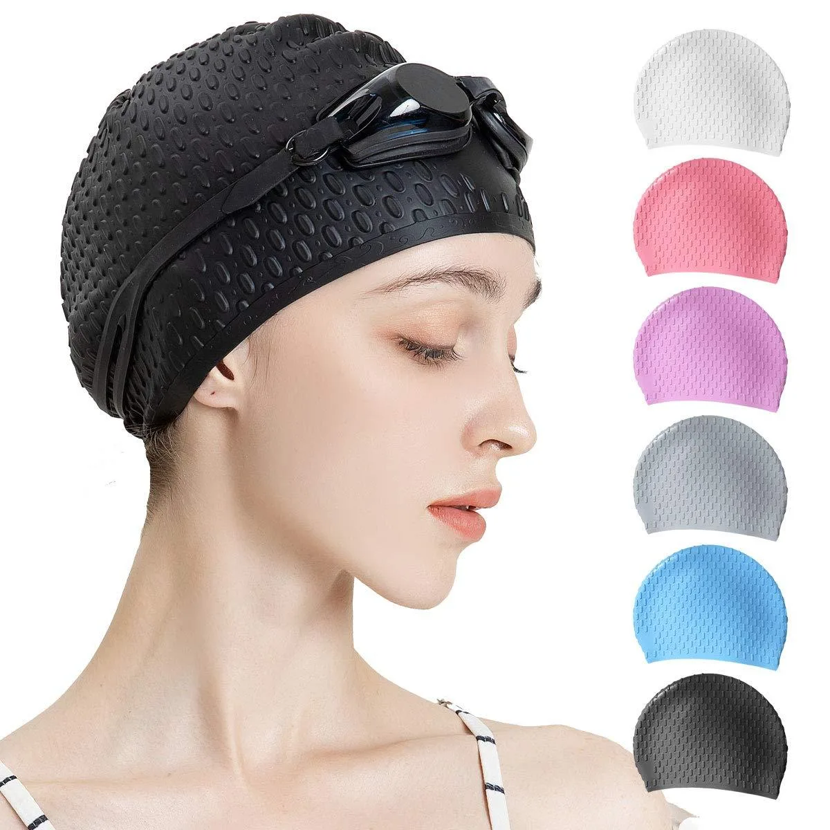 Black silicone swim cap, one size, unisex, smooth matte finish