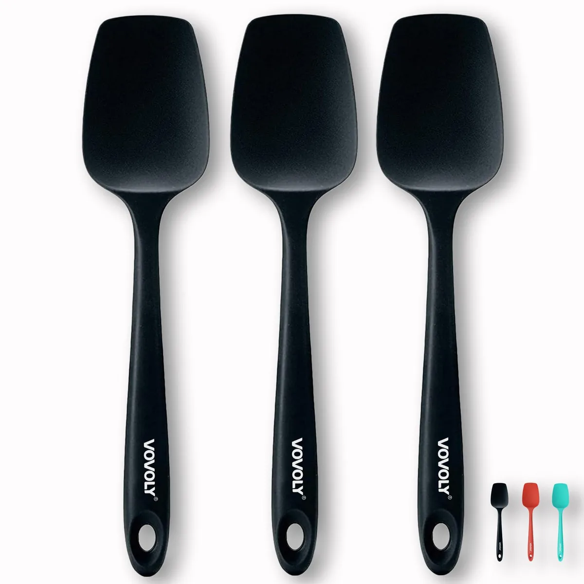 Three black silicone spoon spatulas, 11.42 inches long, seamless one-piece design