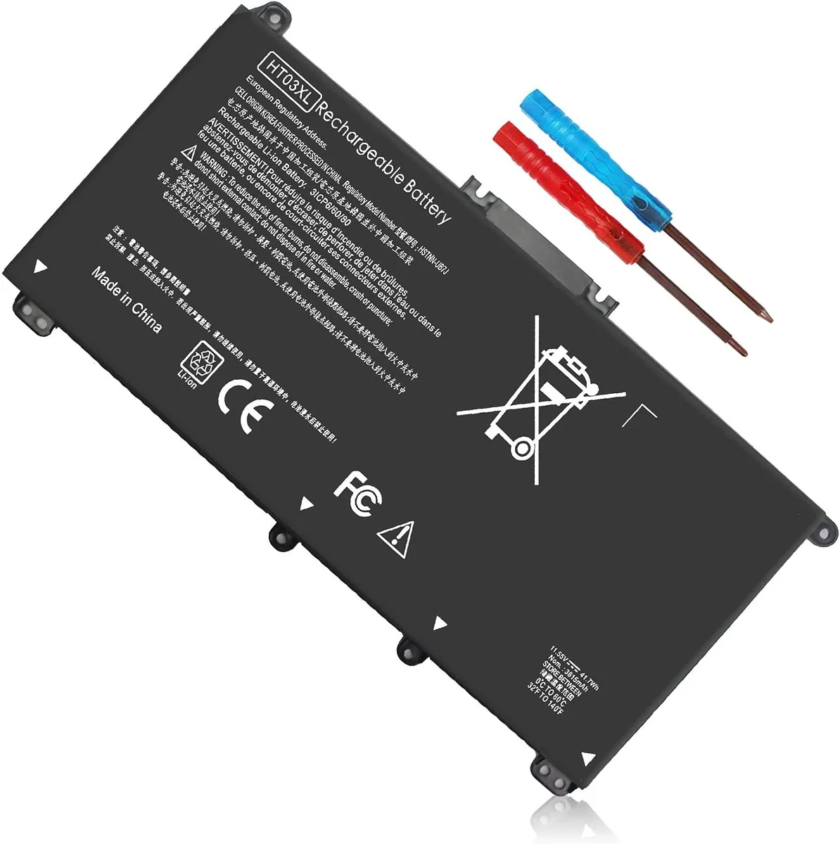 Black rectangular lithium-ion laptop battery with two screwdrivers