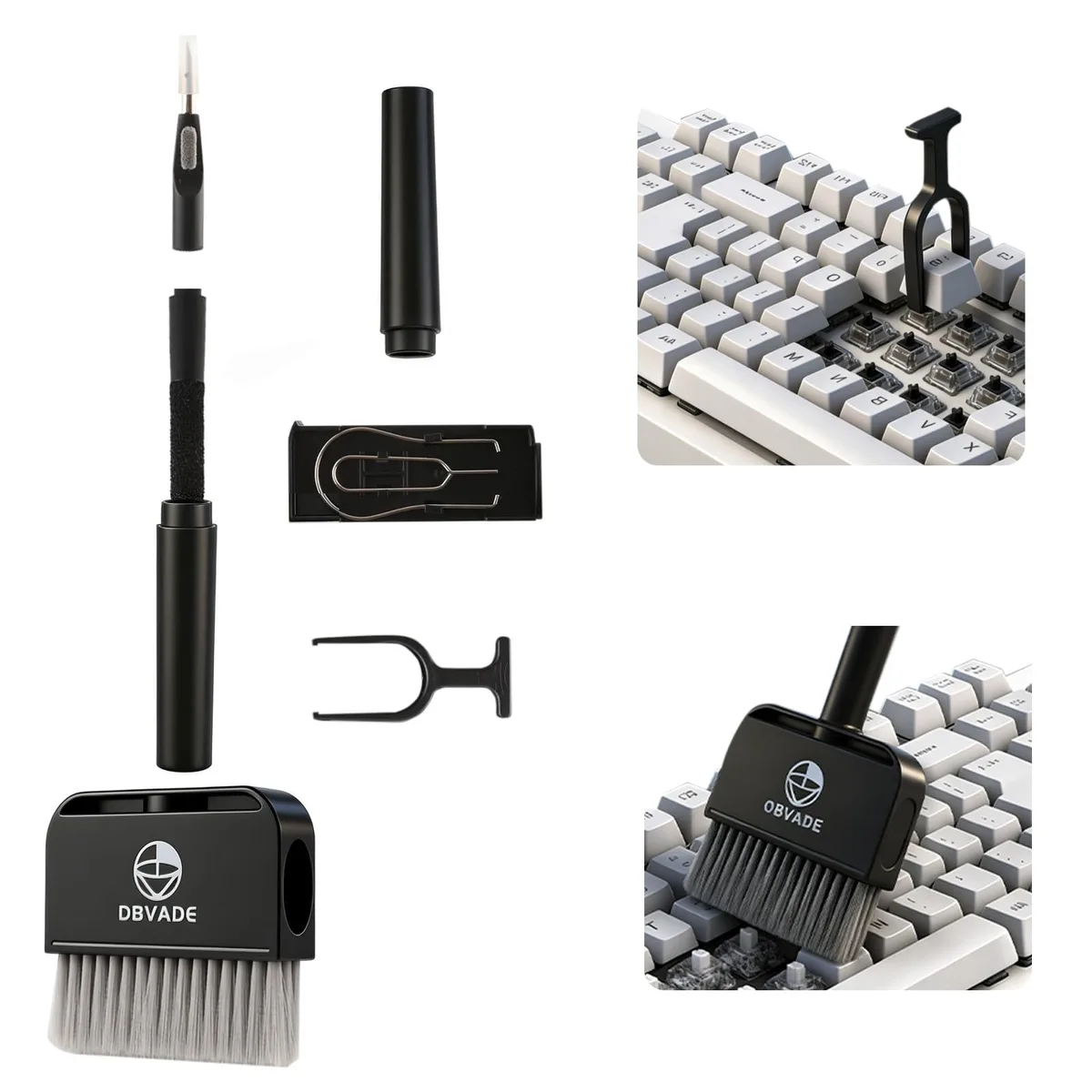 Black 9-in-1 electronics cleaning kit with brushes keycap puller screen cloth and earbud pen
