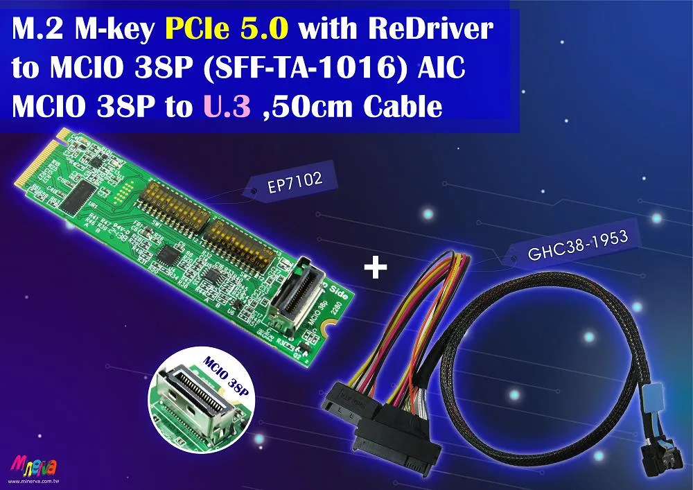 Innocard Innocard EP7102 M.2 PCIe 5.0 ReDriver to MCIO 38P U.3 Cable 50cm — product photo