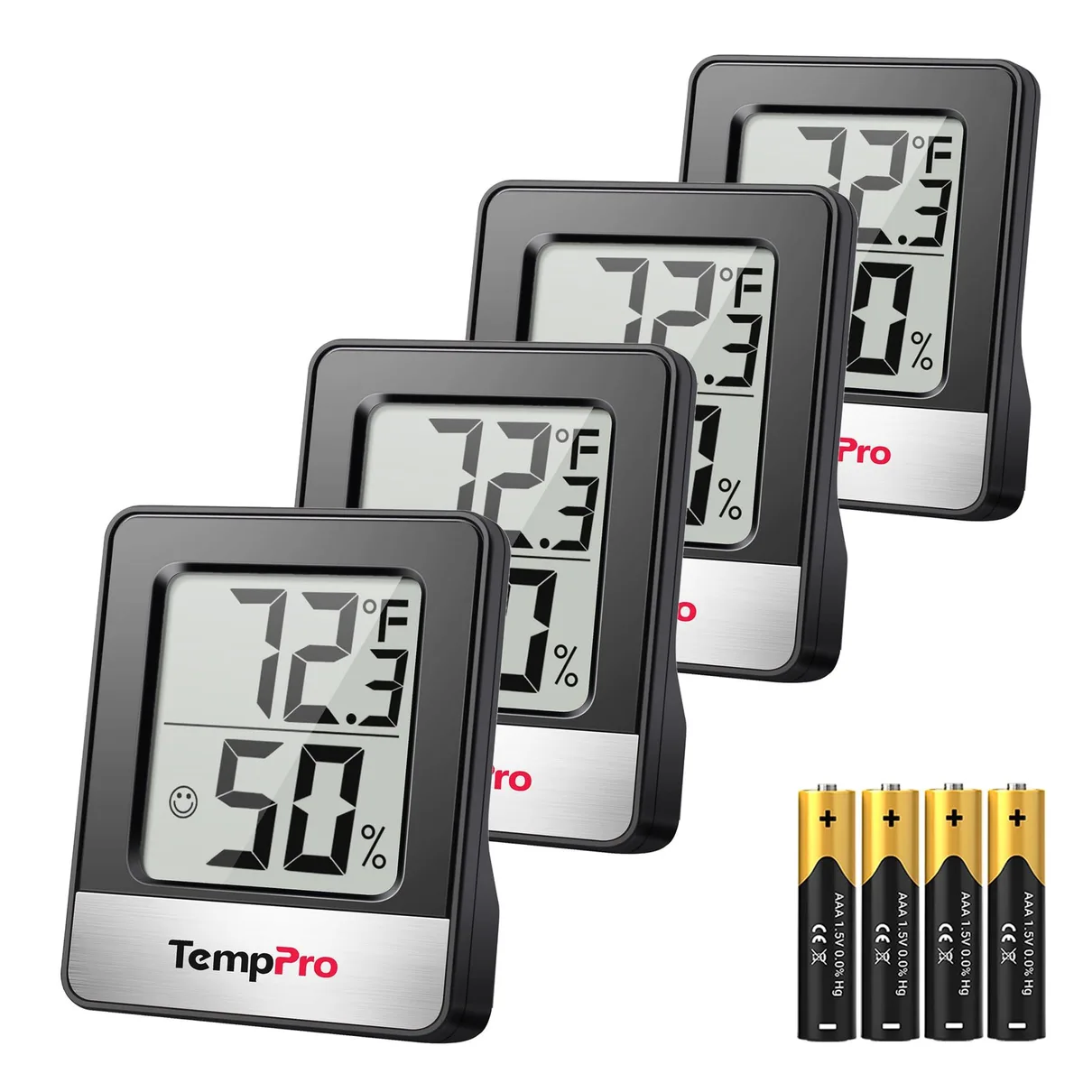 Four small black rectangular hygrometer thermometers with LCD screens showing temperature and humidity readings