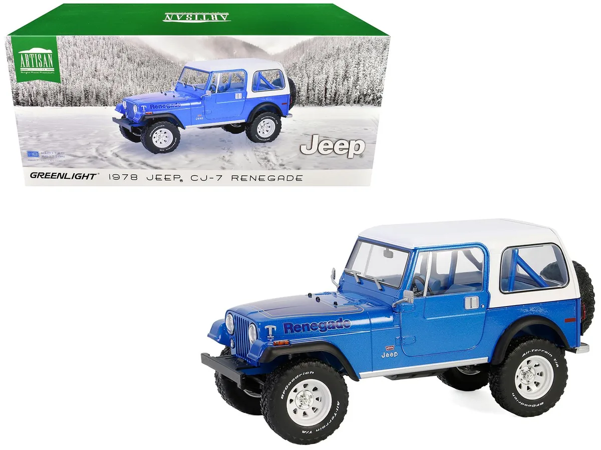 GREENLIGHT GREENLIGHT 1978 Jeep CJ-7 Renegade Captain Blue Metallic White Top Artisan Collection 1/18 Diecast — product photo