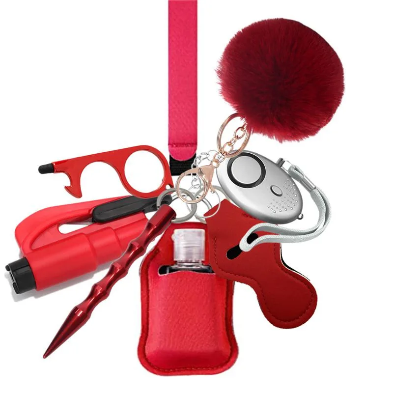 PUEZOKLY PUEZOKLY Self Defense Keychain Set Red 9pcs Alarm 130db 50min Pom Pom 2.75in 30ml Bottle — product photo