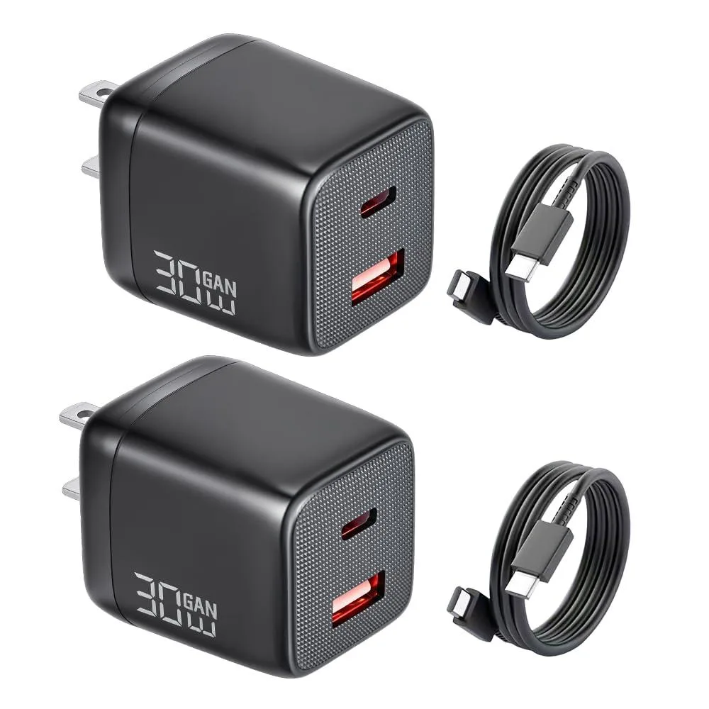 Two compact cube USB-C chargers with matte finish and a 5ft USB-C cable