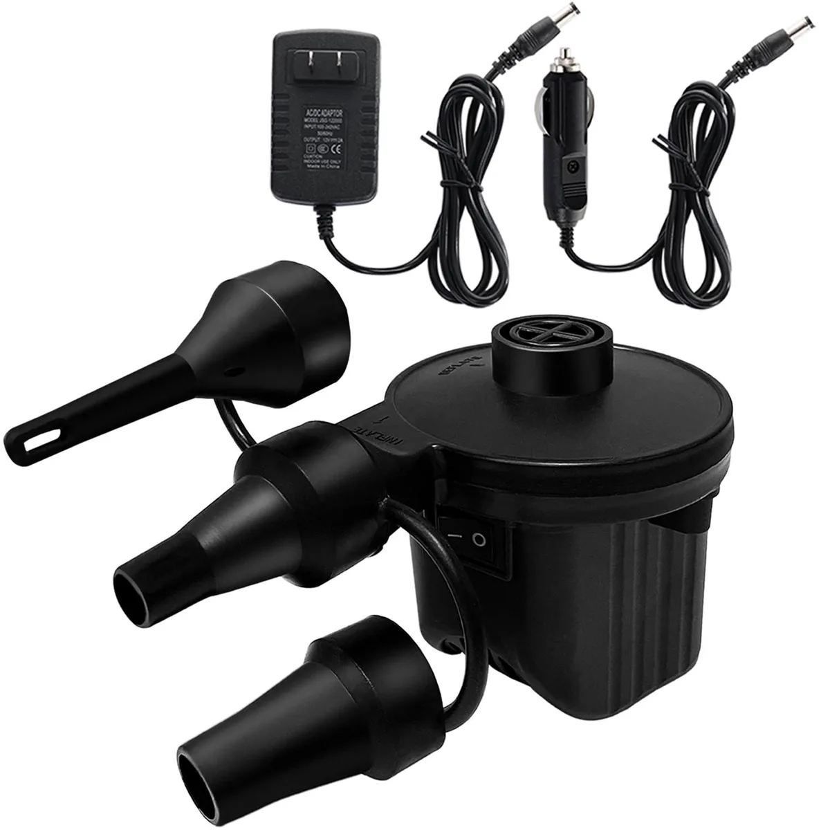 Compact black plastic electric air pump with three nozzle tips and dual power cables