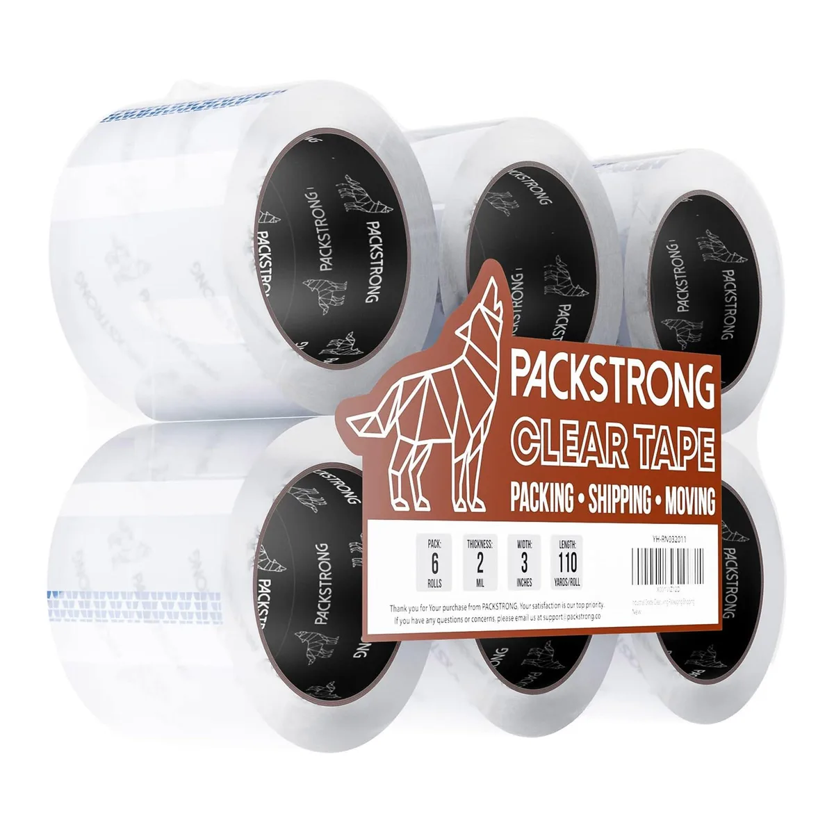 Packstrong GSD-YH-RN032011 Clear Packing Tape 6 Rolls 110 Yards 3" Wide 2.0 mil — product photo