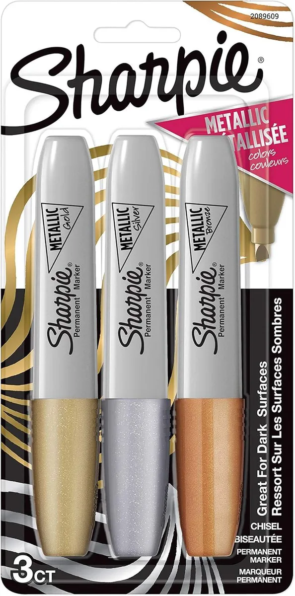 Three metallic Sharpie markers gold silver bronze chisel tip